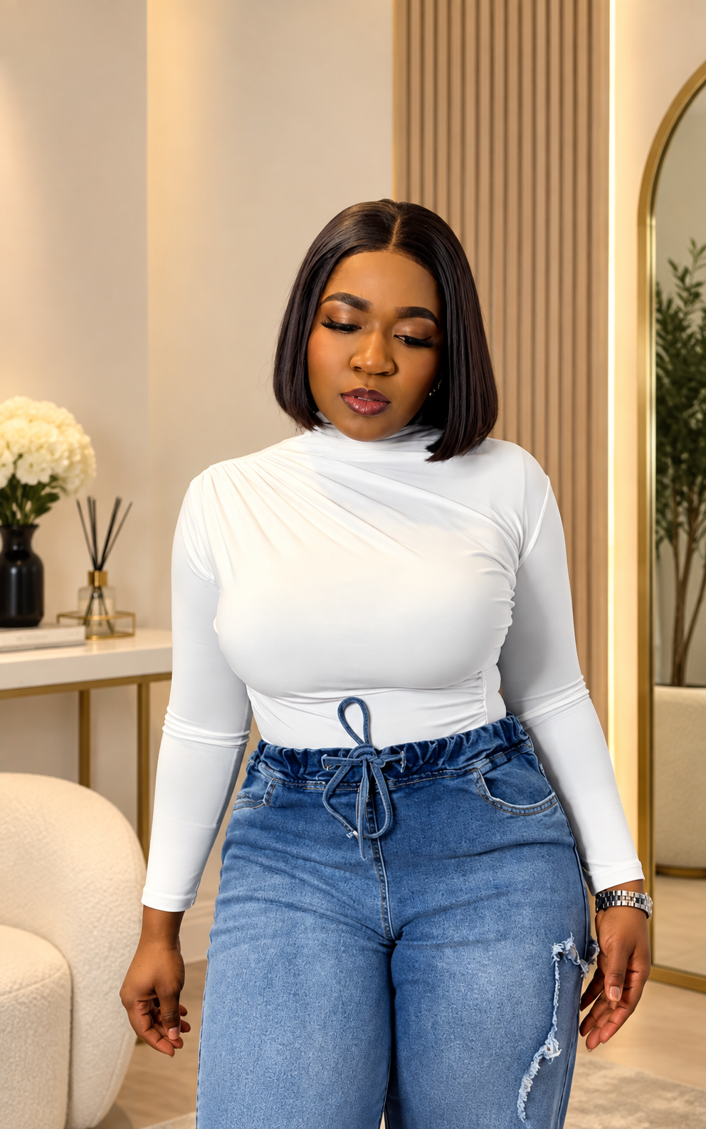 High neck pleated top