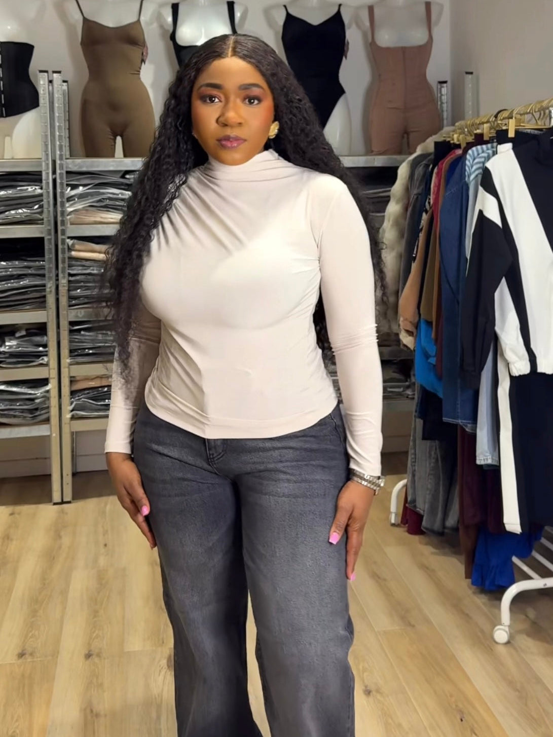 Bella Ruched Accent up beige Top