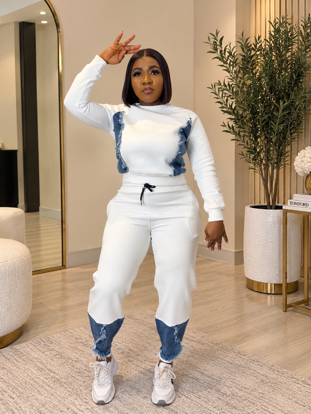 2pcs Round neck Denim Touch